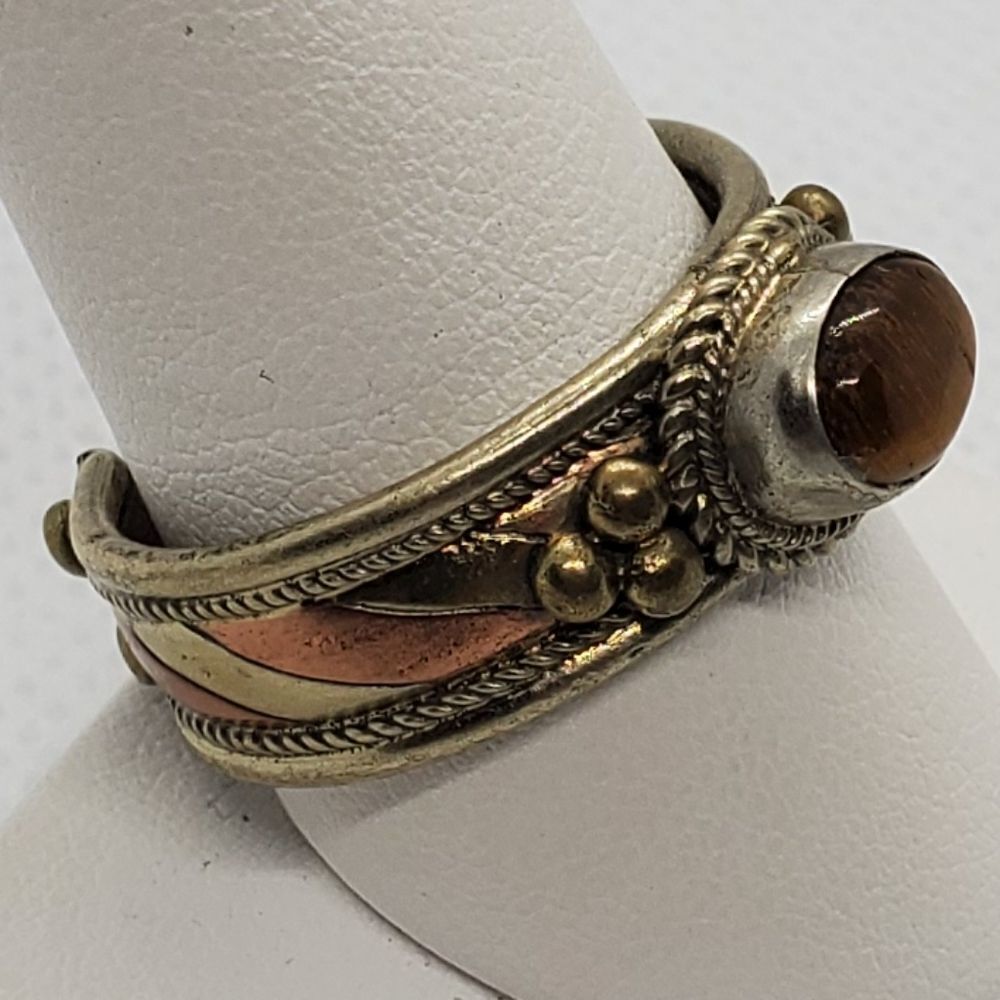 Brutalist Gold Tone & Bronze Tone Tigereye Ring